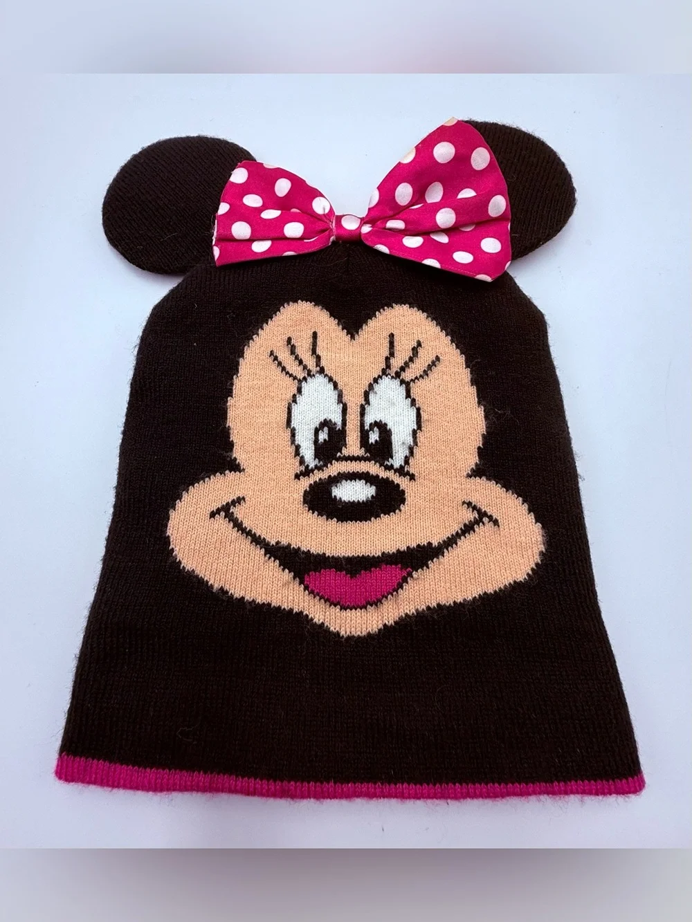 Disney Minnie Mouse Toddler Girls Knit Beanie With 3D Ears And Bow Pink & Black
